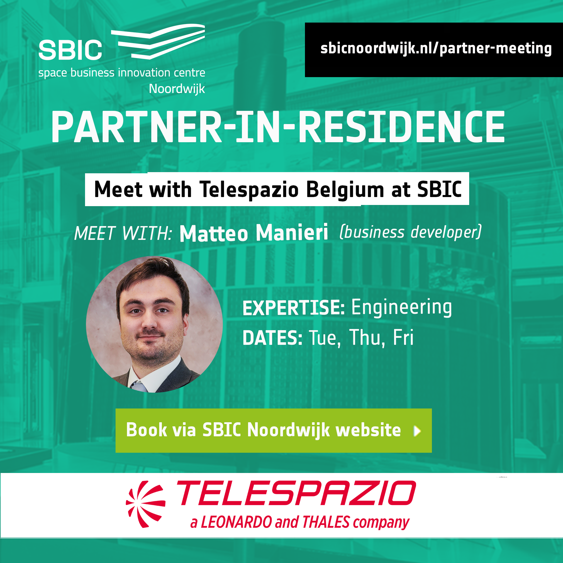 interior shot of SBIC Noordwijk atrium with a green overlay highlighting partner meetings available to all