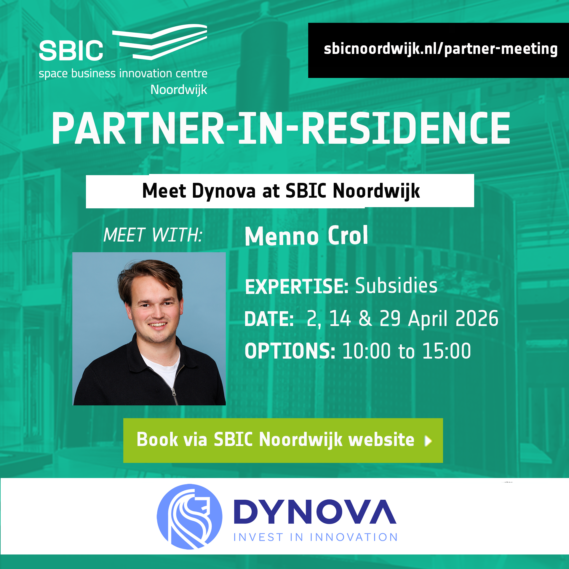 interior shot of SBIC Noordwijk atrium with a green overlay highlighting partner meetings available to all