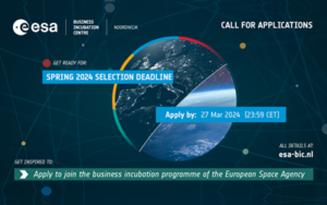 ESA BIC Noordwijk banner with space rocket launch imagery highlighting spring selection deadline of 27 March 2024 to join the business incubation programme of the European Space Agency