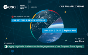 ESA BIC Noordwijk banner with space rocket launch imagery highlighting spring selection deadline of 27 March 2024 to join the business incubation programme of the European Space Agency