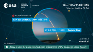 ESA BIC Noordwijk banner with rocket icon calling for applications to join the business incubation programme of the European Space Agency