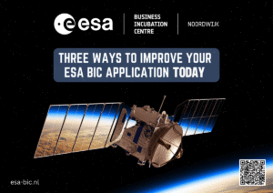 space satellite rendering with a backdrop showing the curvature of the Earth with reflection in the panels on a banner sharing tips to improve applications for the business incubation programme of the European Space Agency