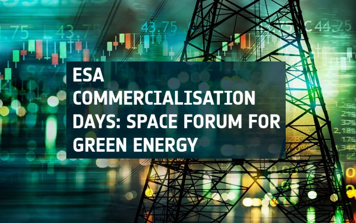Green hued illuminations next to an electricity pylon on the banner for the ESA Commercialisation Days event 