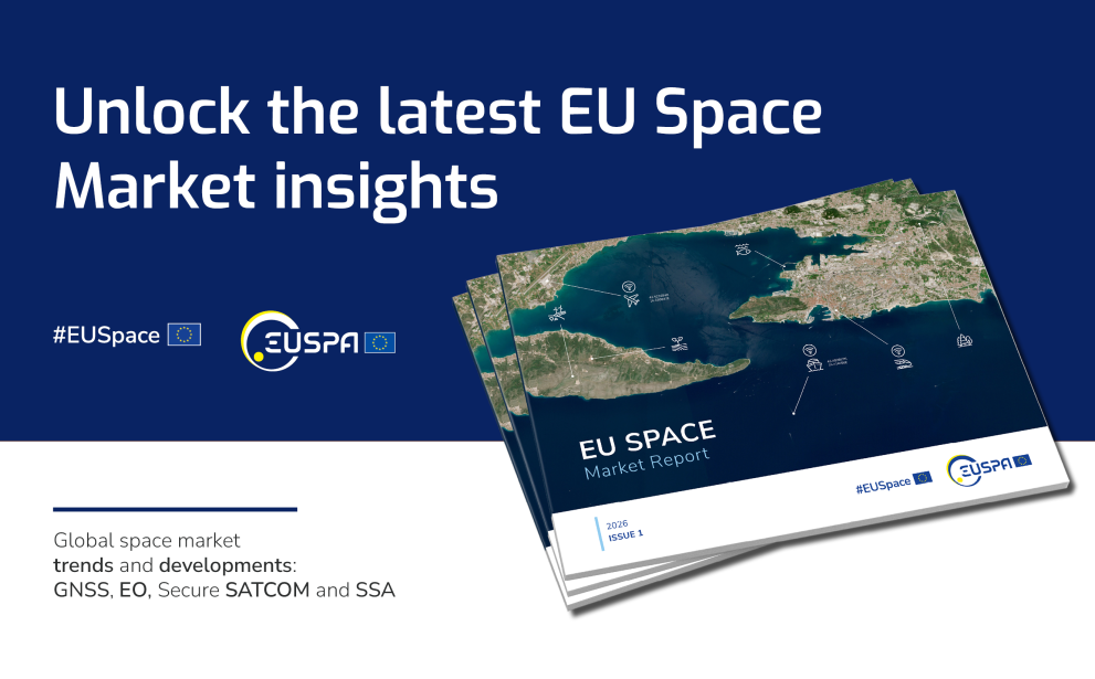 EU Space report with satellite image of ocean and land with industry icons