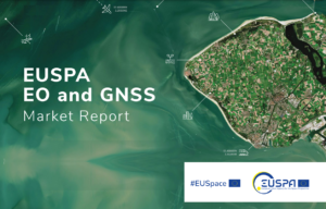 EU Space report with a green-hued satellite image of ocean and land wite industry icons