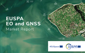 EU Space report with a green-hued satellite image of ocean and land wite industry icons