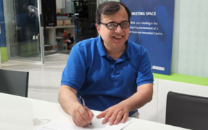 space business entrepreneur signing ESA BIC contract in the atrium at SBIC Noordwijk