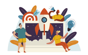 illustration of people by rocketship and bullseye with megaphone