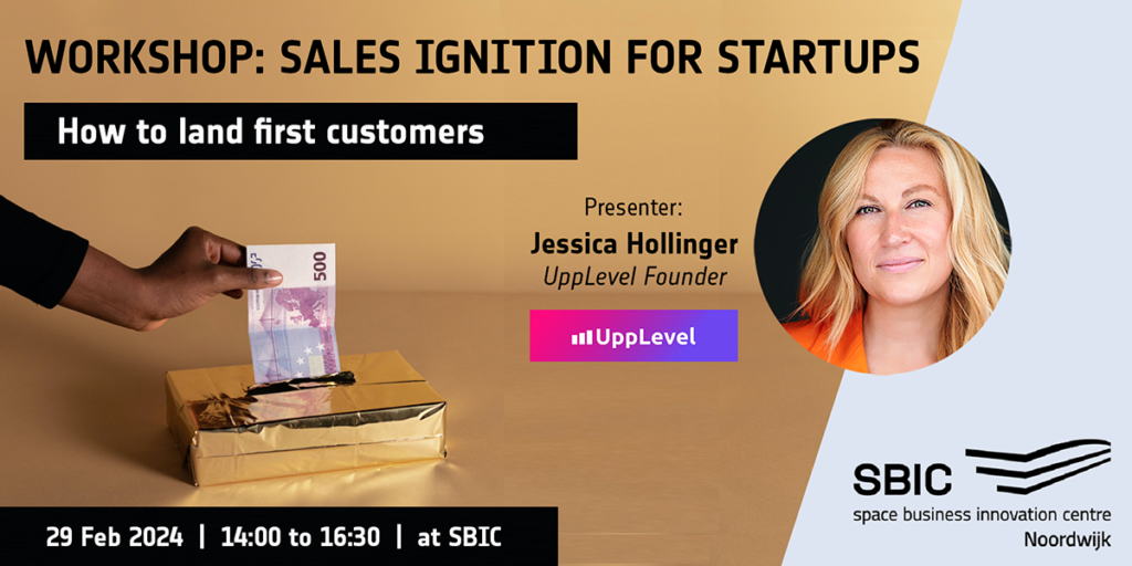 hand holding banknote over gold box on banner promoting Sales Ignition for Startups Workshop by UppLevel