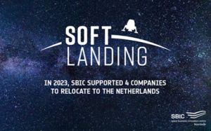 Soft Landing logo on starry background with SBIC logo