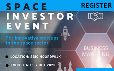 space investor event banner with space business icons taking place at SBIC Noordwijk