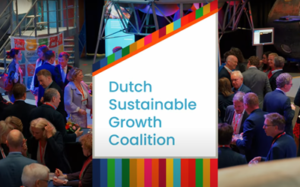 business leaders at ESA/ESTEC alongside space tech exhibits with Dutch Sustainable Growth Coalition logo on top