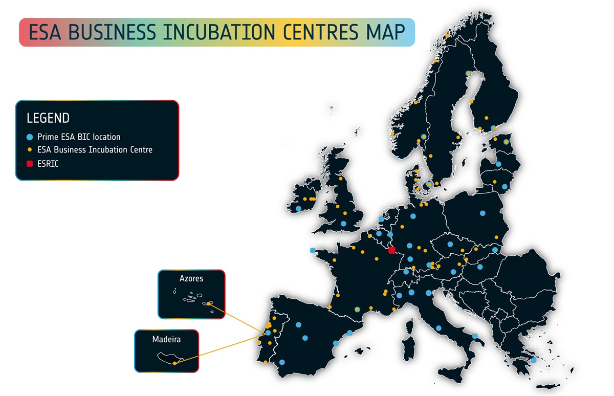 map of Europe with 36 ESA BICs indicated