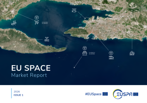 EU Space report with satellite image of ocean and land with industry icons