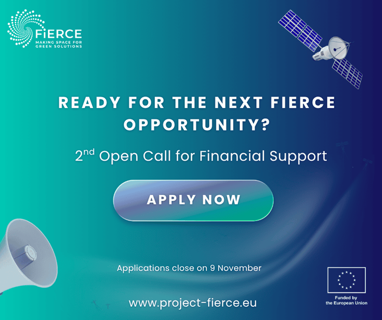 blue-green open call promo visual with satellite illustration and Fierce and EU logos