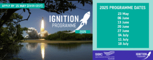 rocket launching in Ignition Programme logo highlighting call for applications 2025