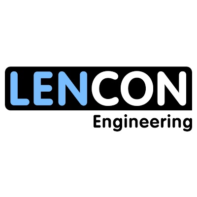 lencon engineering logo on black with blue+white+black font