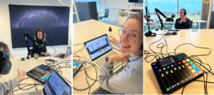 space business professionals with podcast recording equipment