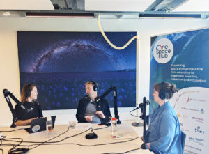 podcast logo and space business professionals with recording equipment