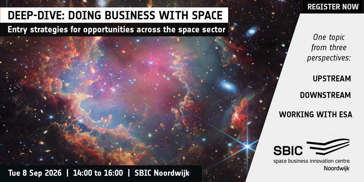 Register now banner with ESA/Webb background image promoting space business deep dive at SBIC