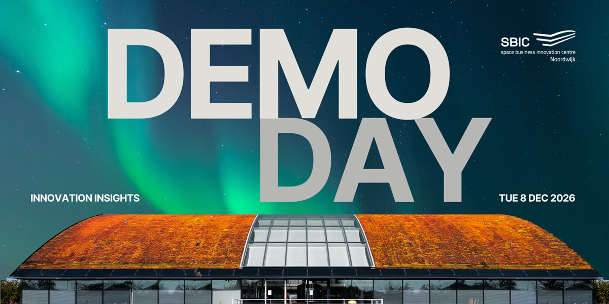 Save the date for Demo Day 2026 (click for report of the first event) blue-green sky over SBIC Noordwijk building on promo for Demo Day 2025