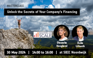 woman with arms raised on rocky cliff under cloudy sky on banner promoting finance masterclass by Masters of Scale at SBIC Noordwijk