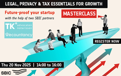 Join this masterclass on important topics for startups: Legal & Tax Essentials! illustration of people on paper aeroplane on banner for startup growth event
