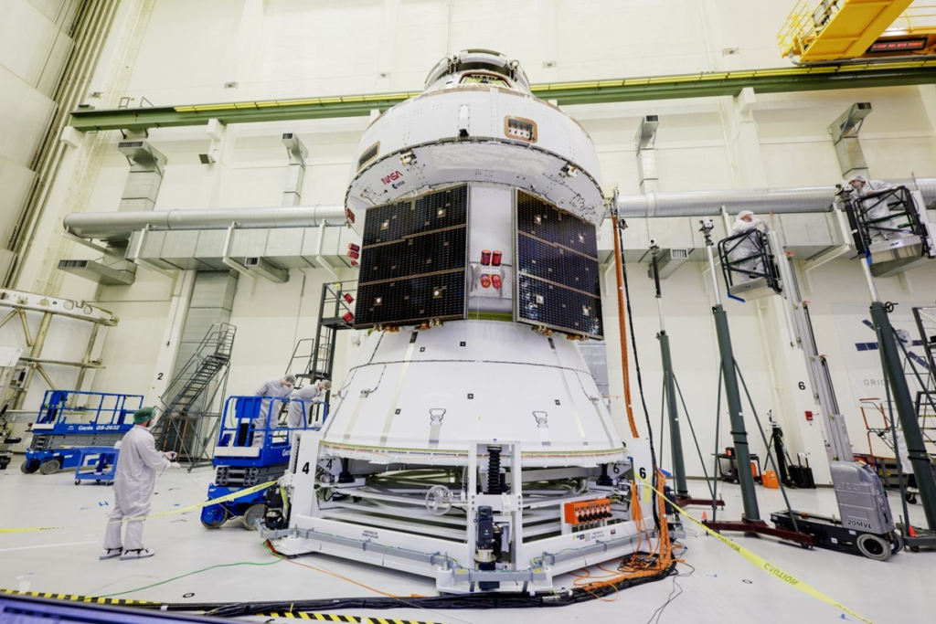 Orion spacecraft during the installation of the solar panels