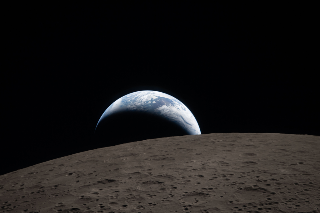 muted blue Earth with bright white clouds sets behind the cratered lunar surface