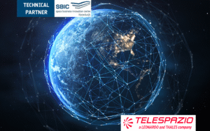 geospatial illustration with satellite visual on Telespazio Belgium banner