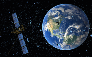 illustration of a satellite and space debris orbiting the Earth