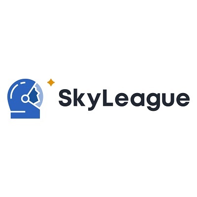 skyleague logo with black font, blue astronaut helmet and gold star