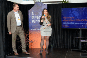 space and manufacturing professionals on stage at SBIC Noordwijk