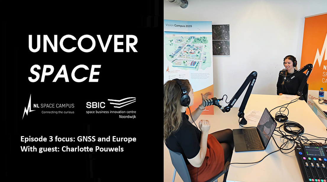 podcast logo and space business professionals with recording equipment