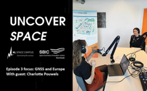 podcast logo and space business professionals with recording equipment